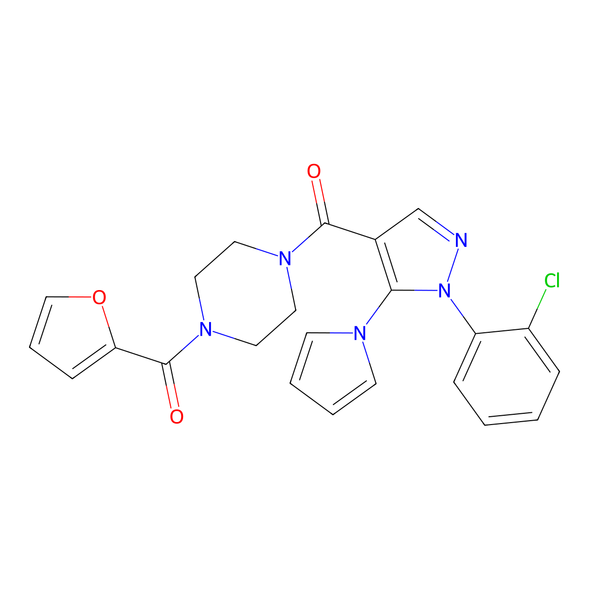 (1-(2-chlorophenyl)-5-(1H-pyrrol-1-yl)-1H-pyrazol-4-yl)(4-(furan-2-carbonyl)piperazin-1-yl)methanone molecular structure, CAS 1207022-90-9