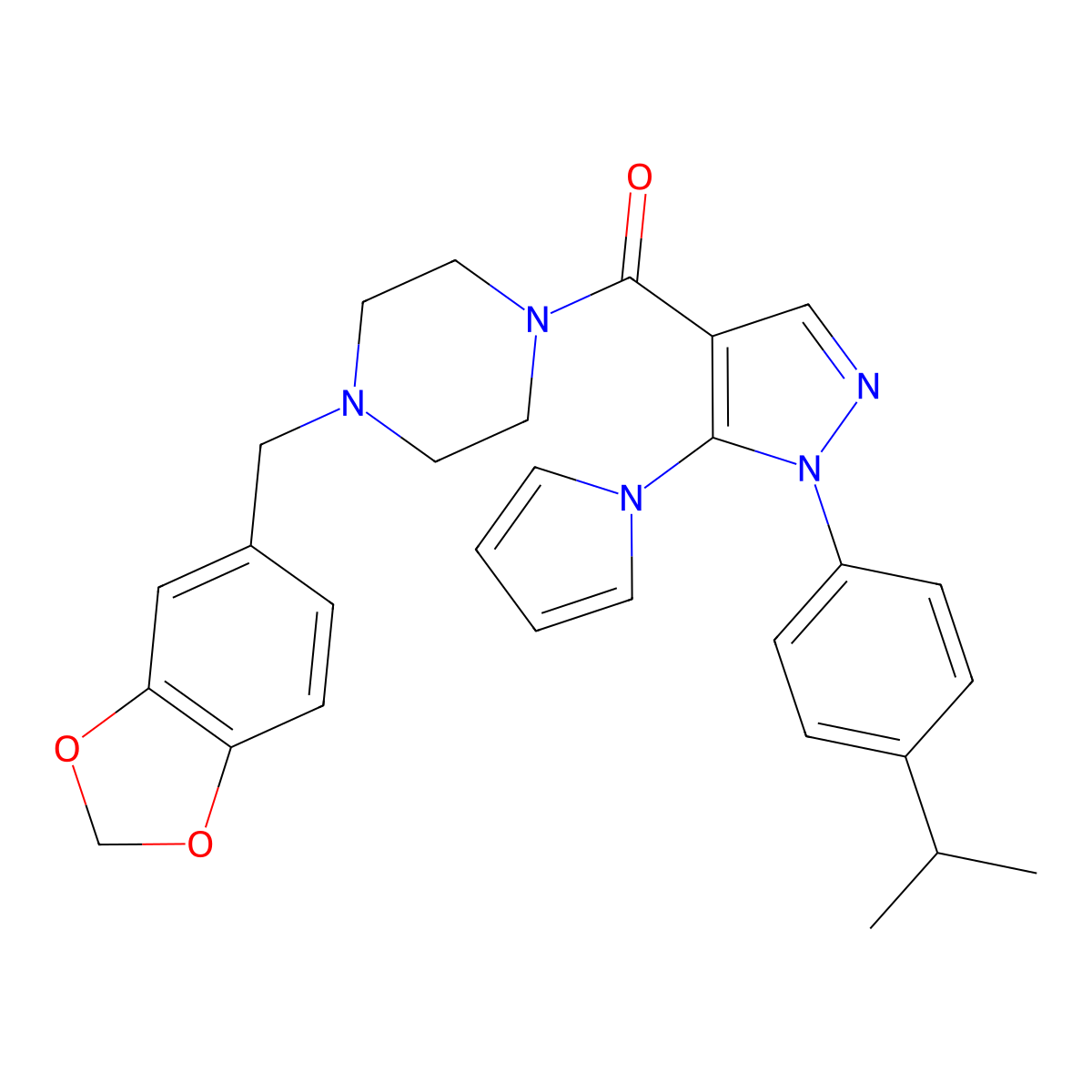 (4-(benzo[d][1,3]dioxol-5-ylmethyl)piperazin-1-yl)(1-(4-isopropylphenyl)-5-(1H-pyrrol-1-yl)-1H-pyrazol-4-yl)methanone molecular structure, CAS 1207023-00-4