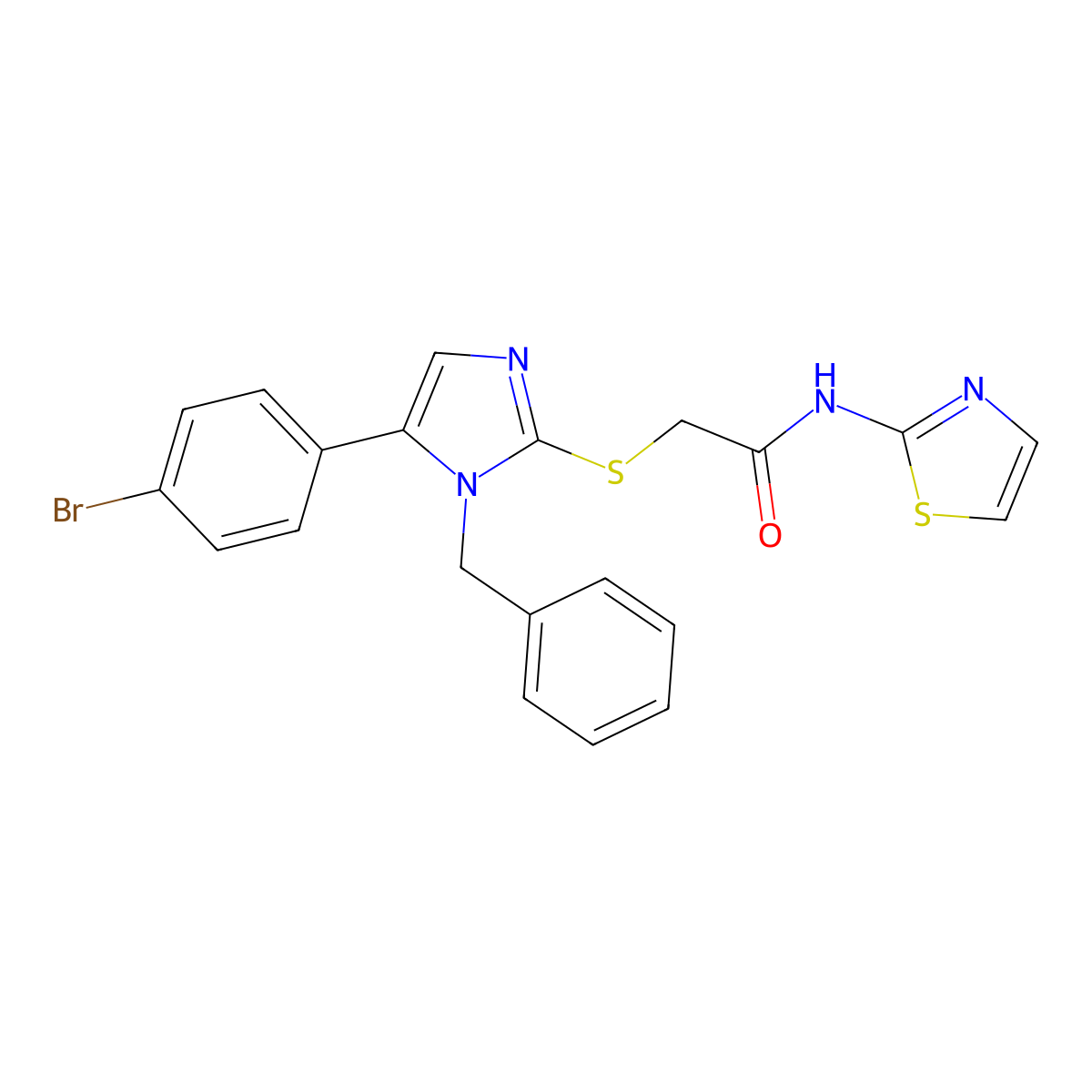 2-((1-benzyl-5-(4-bromophenyl)-1H-imidazol-2-yl)thio)-N-(thiazol-2-yl)acetamide molecular structure, CAS 1207023-09-3