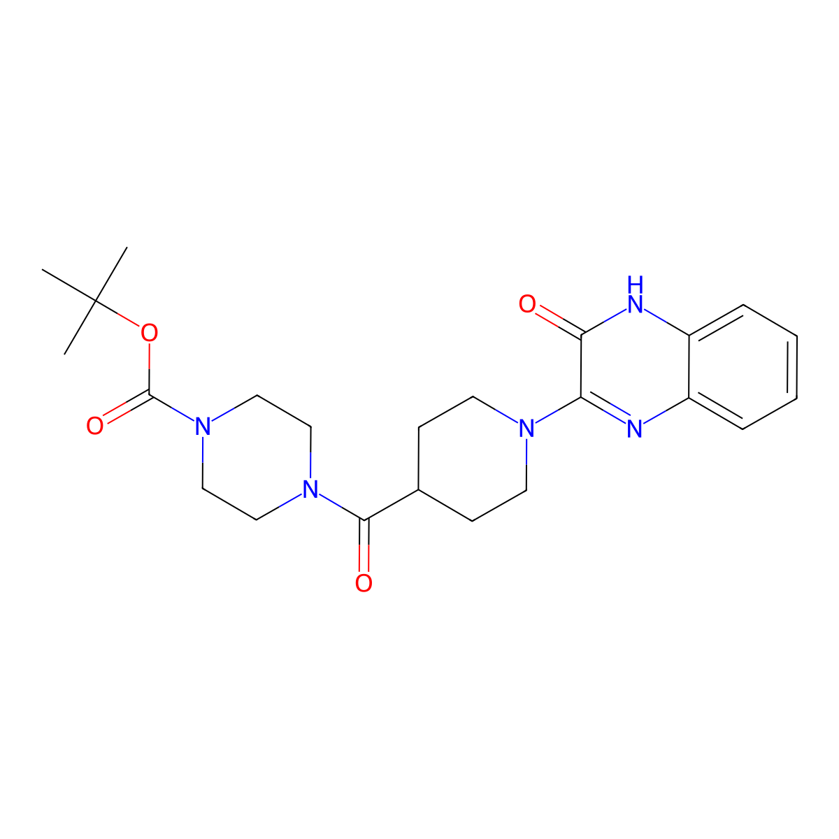 Tert-butyl 4-(1-(3-oxo-3,4-dihydroquinoxalin-2-yl)piperidine-4-carbonyl)piperazine-1-carboxylate molecular structure, CAS 1207023-12-8