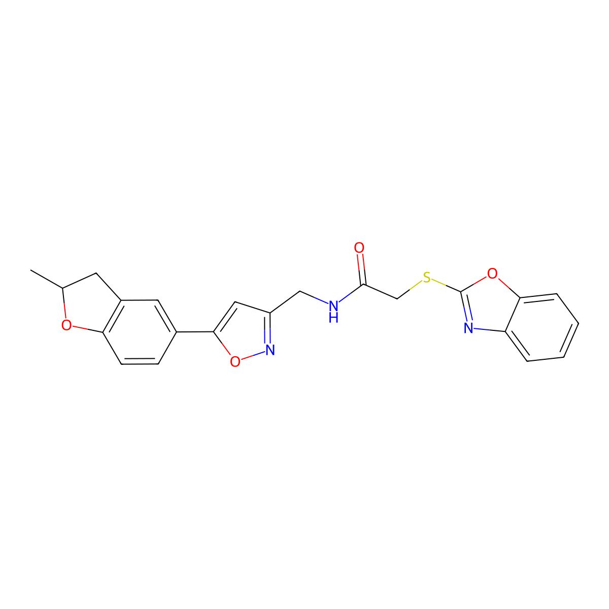 2-(benzo[d]oxazol-2-ylthio)-N-((5-(2-methyl-2,3-dihydrobenzofuran-5-yl)isoxazol-3-yl)methyl)acetamide molecular structure, CAS 1207023-21-9