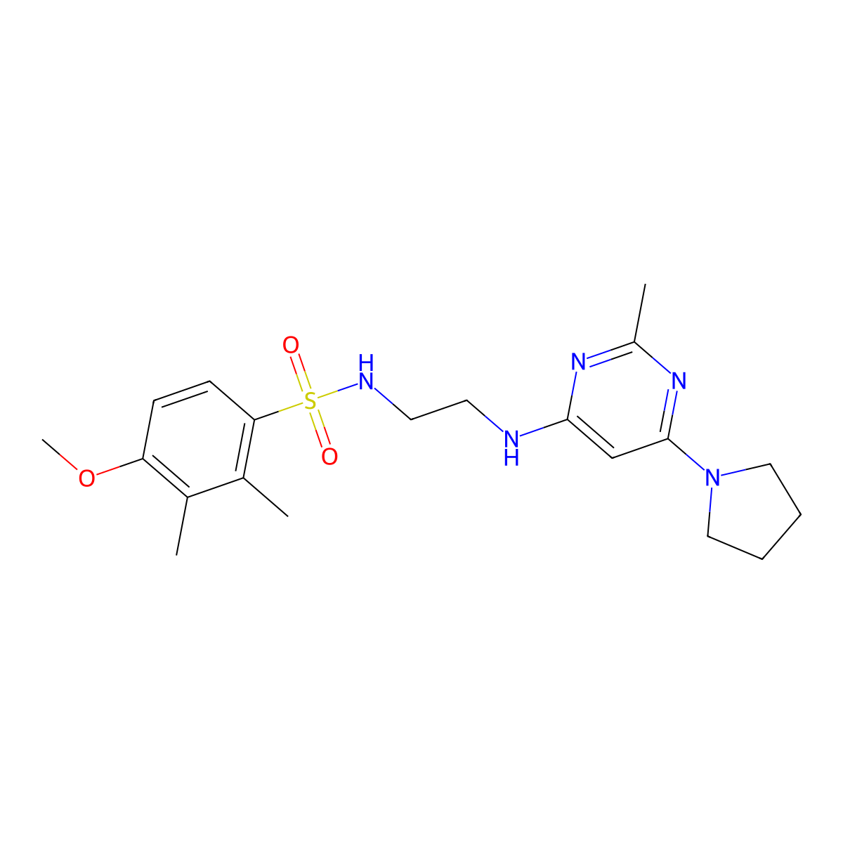 4-methoxy-2,3-dimethyl-N-(2-((2-methyl-6-(pyrrolidin-1-yl)pyrimidin-4-yl)amino)ethyl)benzenesulfonamide molecular structure, CAS 1207023-44-6