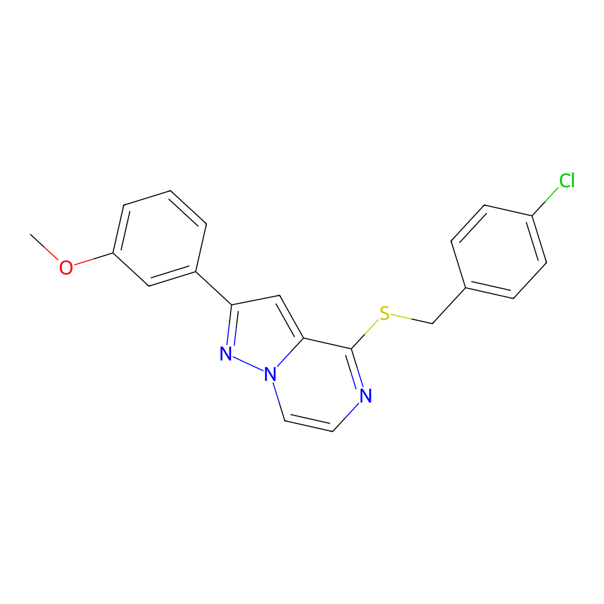4-((4-Chlorobenzyl)thio)-2-(3-methoxyphenyl)pyrazolo[1,5-a]pyrazine molecular structure, CAS 1207023-76-4