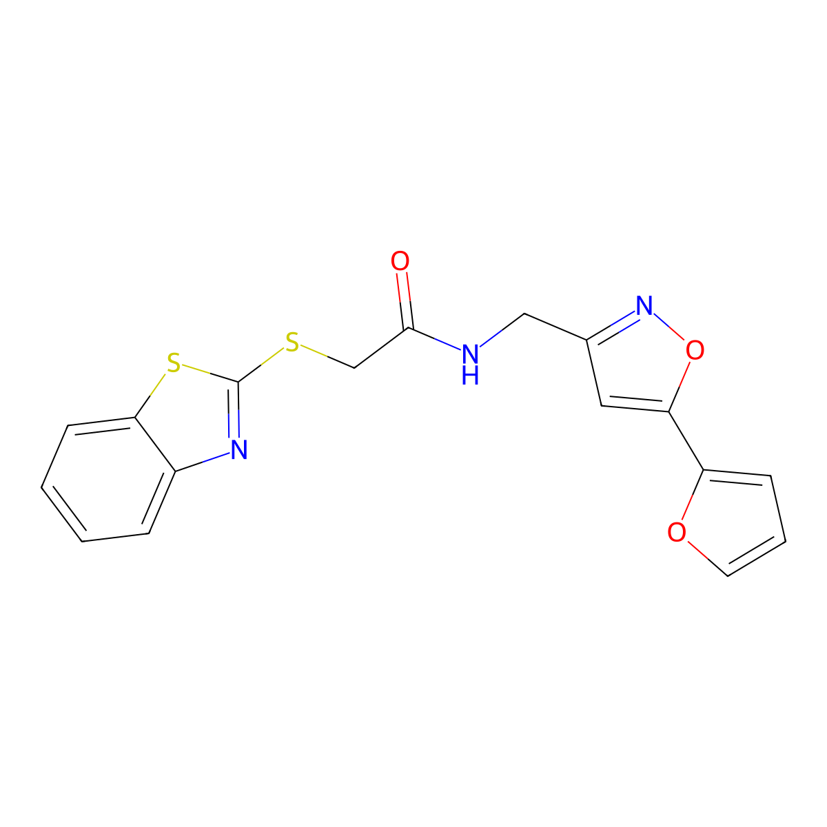 2-(benzo[d]thiazol-2-ylthio)-N-((5-(furan-2-yl)isoxazol-3-yl)methyl)acetamide molecular structure, CAS 1207023-77-5