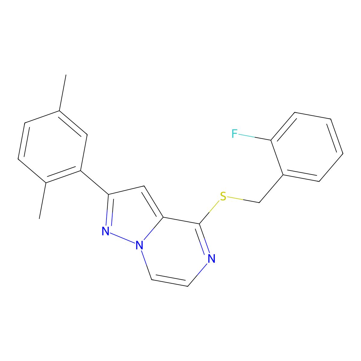 2-(2,5-Dimethylphenyl)-4-[(2-fluorobenzyl)thio]pyrazolo[1,5-a]pyrazine molecular structure, CAS 1207023-83-3