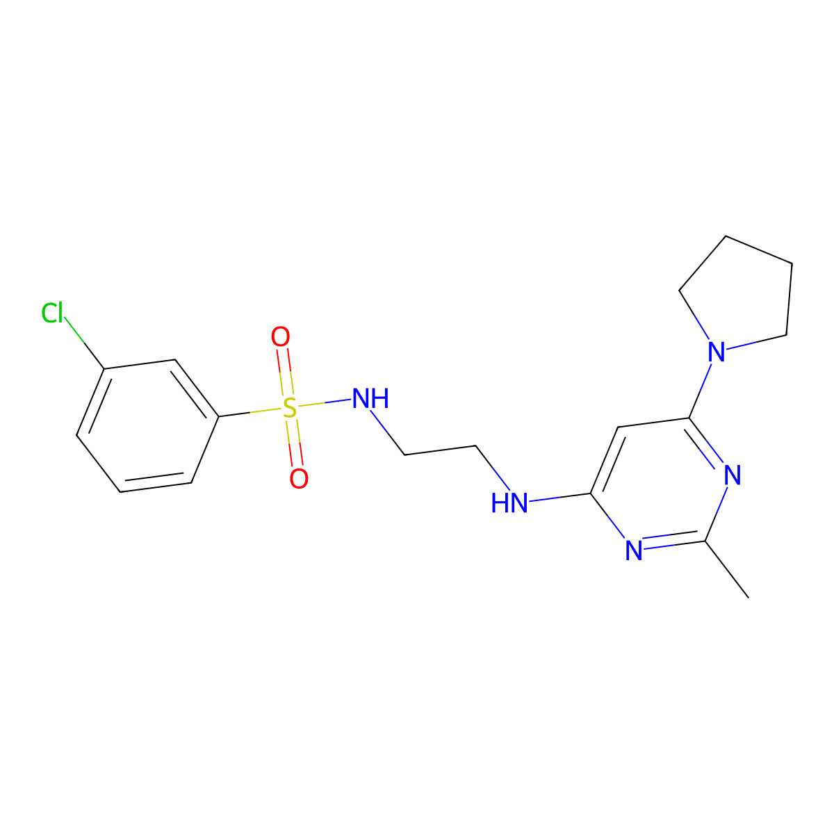 3-chloro-N-(2-((2-methyl-6-(pyrrolidin-1-yl)pyrimidin-4-yl)amino)ethyl)benzenesulfonamide molecular structure, CAS 1207023-87-7