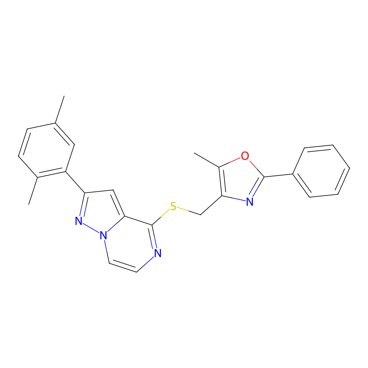 2-(2,5-Dimethylphenyl)-4-{[(5-methyl-2-phenyl-1,3-oxazol-4-yl)methyl]thio}pyrazolo[1,5-a]pyrazine molecular structure, CAS 1207023-91-3