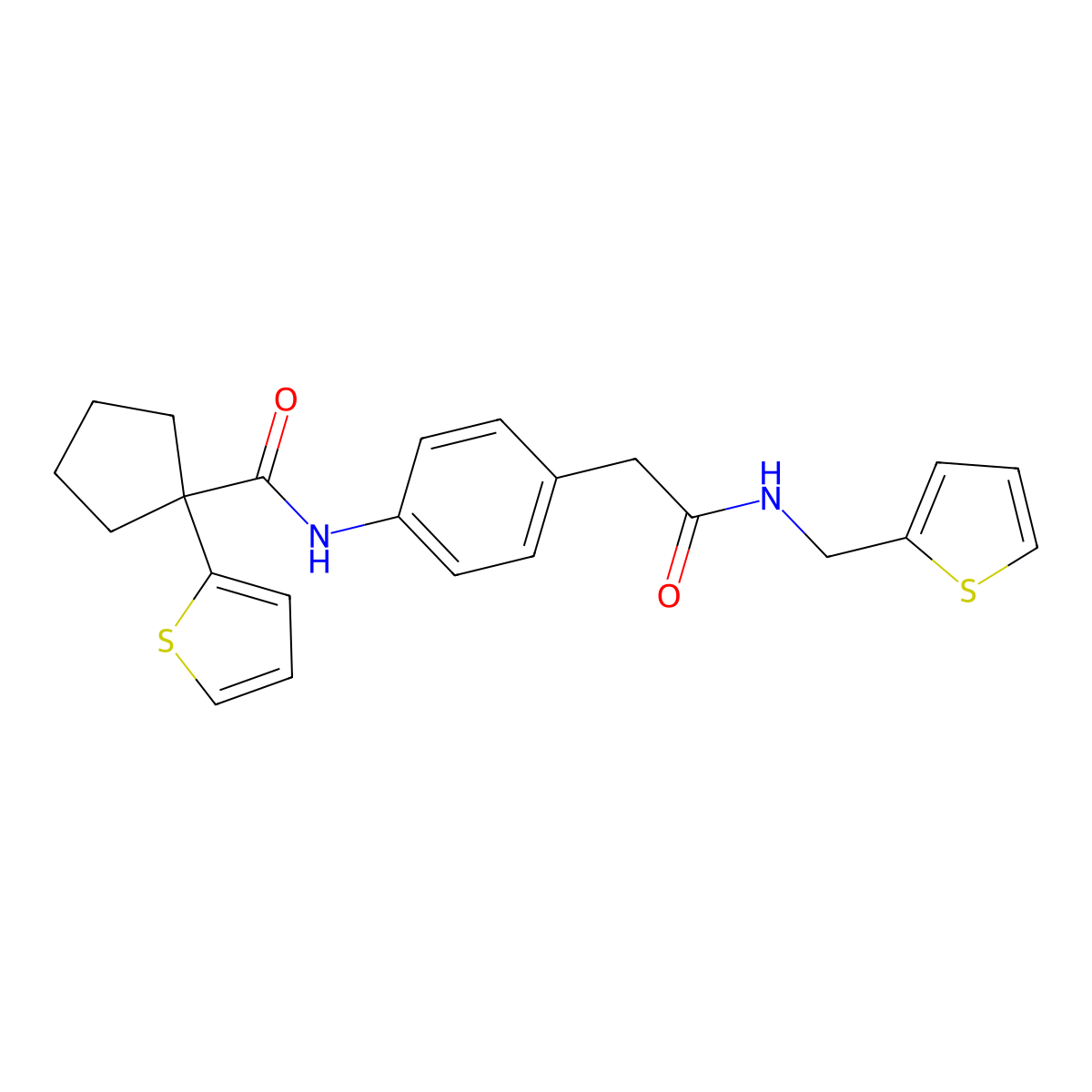 N-(4-(2-oxo-2-((thiophen-2-ylmethyl)amino)ethyl)phenyl)-1-(thiophen-2-yl)cyclopentanecarboxamide molecular structure, CAS 1207024-11-0