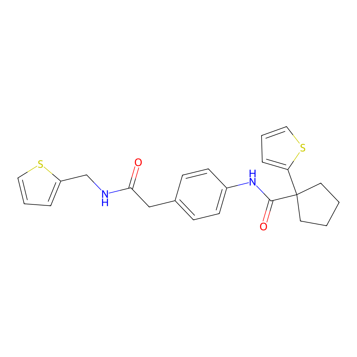 N-(4-(2-oxo-2-((thiophen-2-ylmethyl)amino)ethyl)phenyl)-1-(thiophen-2-yl)cyclopentanecarboxamide molecular structure, CAS 1207024-11-0