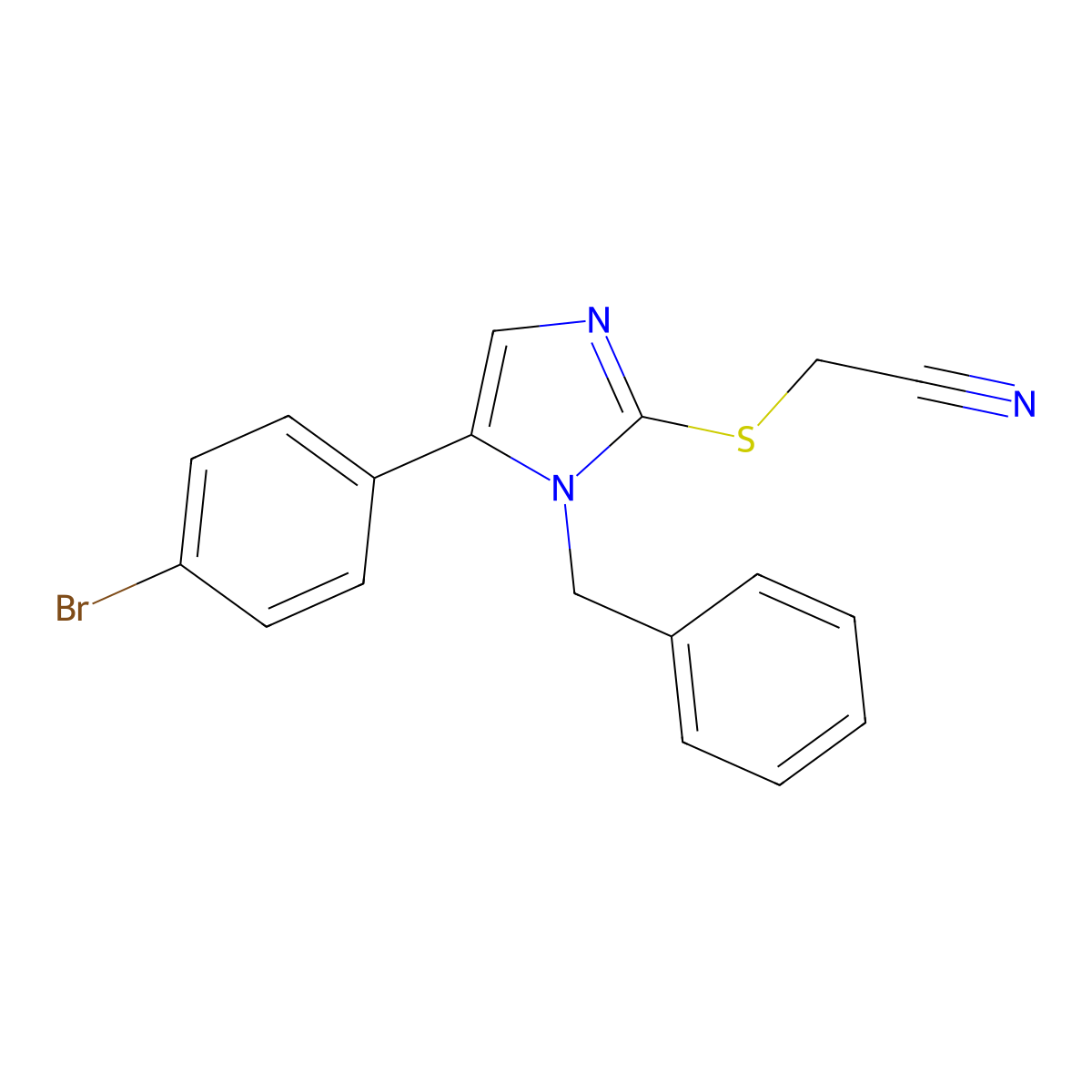 2-((1-benzyl-5-(4-bromophenyl)-1H-imidazol-2-yl)thio)acetonitrile molecular structure, CAS 1207024-62-1