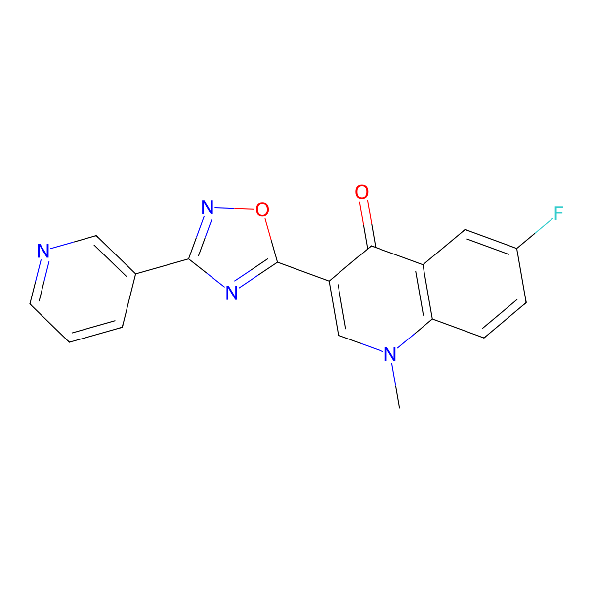 6-fluoro-1-methyl-3-(3-(pyridin-3-yl)-1,2,4-oxadiazol-5-yl)quinolin-4(1H)-one molecular structure, CAS 1207024-75-6