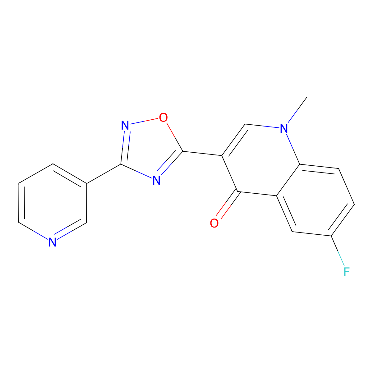 6-fluoro-1-methyl-3-(3-(pyridin-3-yl)-1,2,4-oxadiazol-5-yl)quinolin-4(1H)-one molecular structure, CAS 1207024-75-6