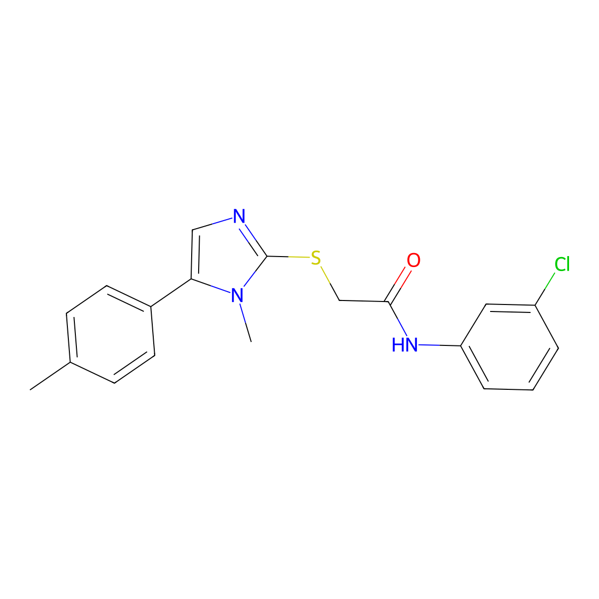 N-(3-chlorophenyl)-2-((1-methyl-5-(p-tolyl)-1H-imidazol-2-yl)thio)acetamide molecular structure, CAS 1207024-81-4
