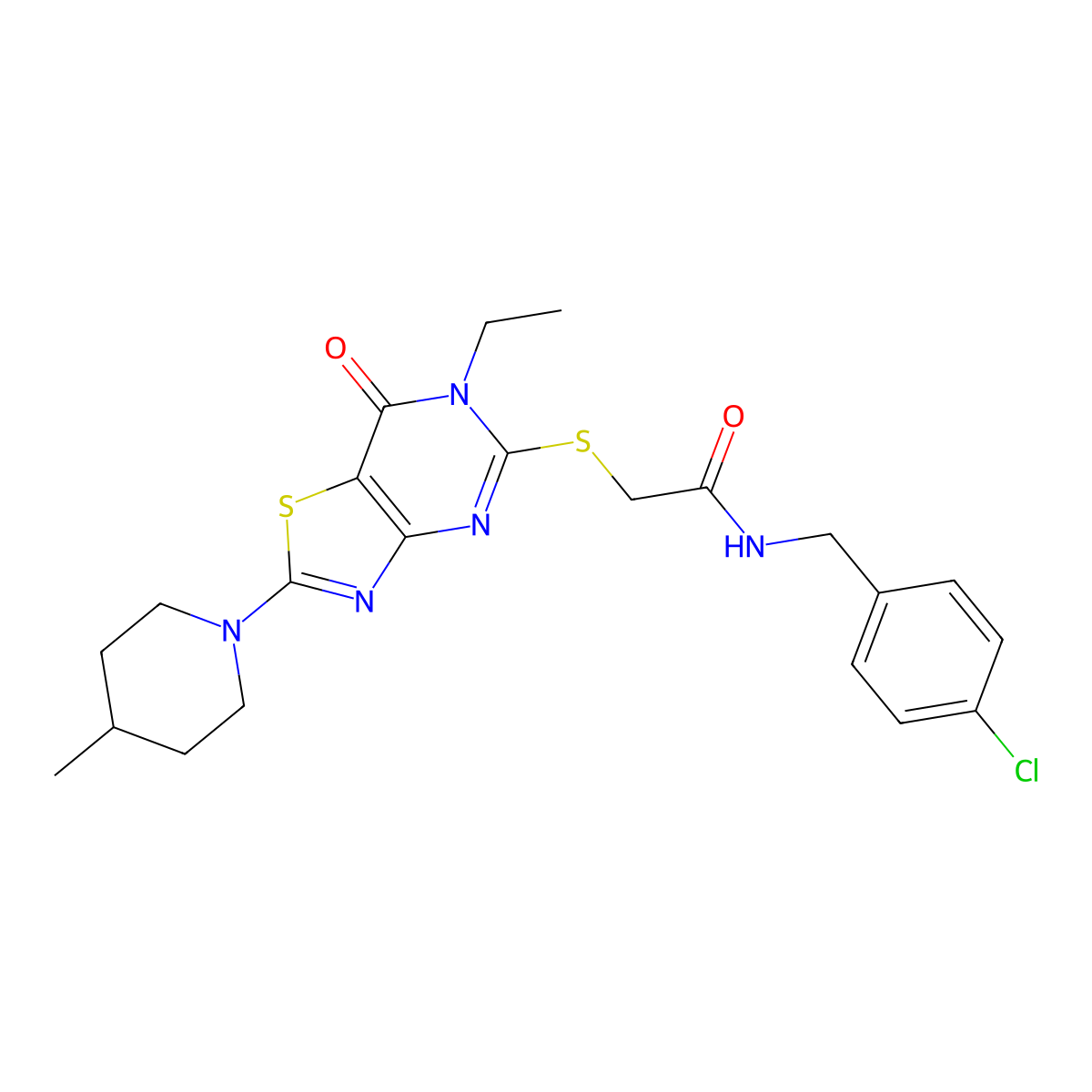 N~1~-(4-chlorobenzyl)-2-{[6-ethyl-2-(4-methylpiperidino)-7-oxo-6,7-dihydro[1,3]thiazolo[4,5-d]pyrimidin-5-yl]sulfanyl}acetamide molecular structure, CAS 1207024-92-7