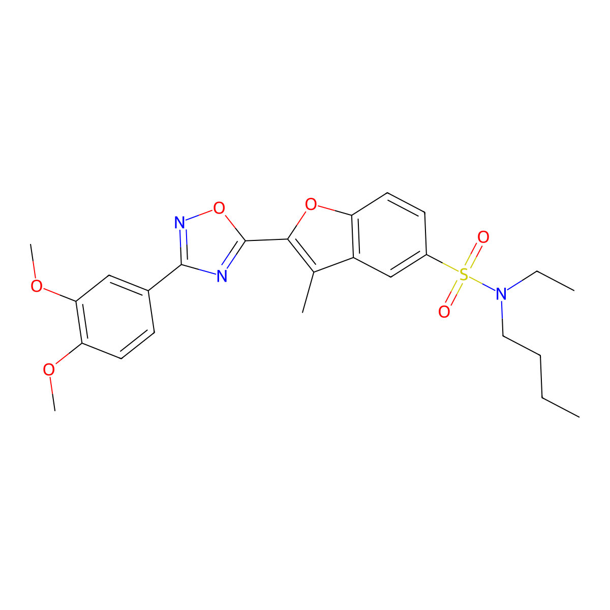 N-butyl-2-[3-(3,4-dimethoxyphenyl)-1,2,4-oxadiazol-5-yl]-N-ethyl-3-methyl-1-benzofuran-5-sulfonamide molecular structure, CAS 1207024-96-1