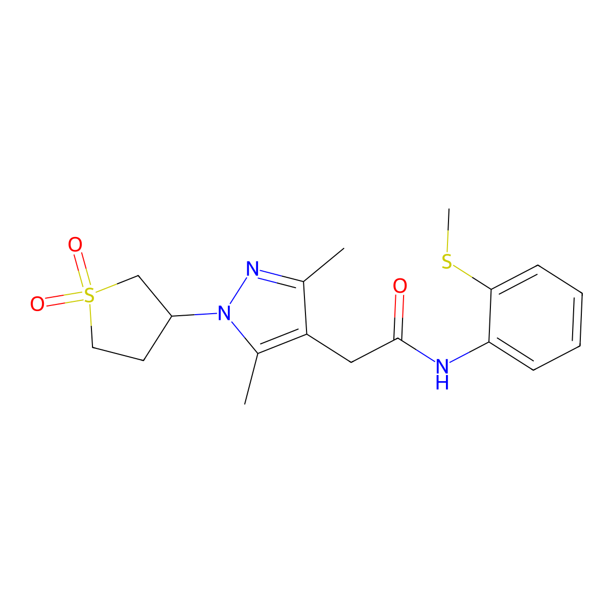 2-(1-(1,1-dioxidotetrahydrothiophen-3-yl)-3,5-dimethyl-1H-pyrazol-4-yl)-N-(2-(methylthio)phenyl)acetamide molecular structure, CAS 1207025-00-0