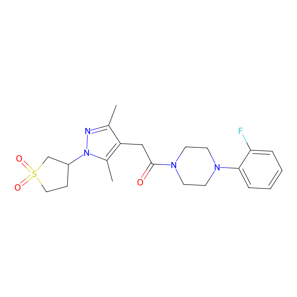 2-(1-(1,1-dioxidotetrahydrothiophen-3-yl)-3,5-dimethyl-1H-pyrazol-4-yl)-1-(4-(2-fluorophenyl)piperazin-1-yl)ethanone molecular structure, CAS 1207025-05-5