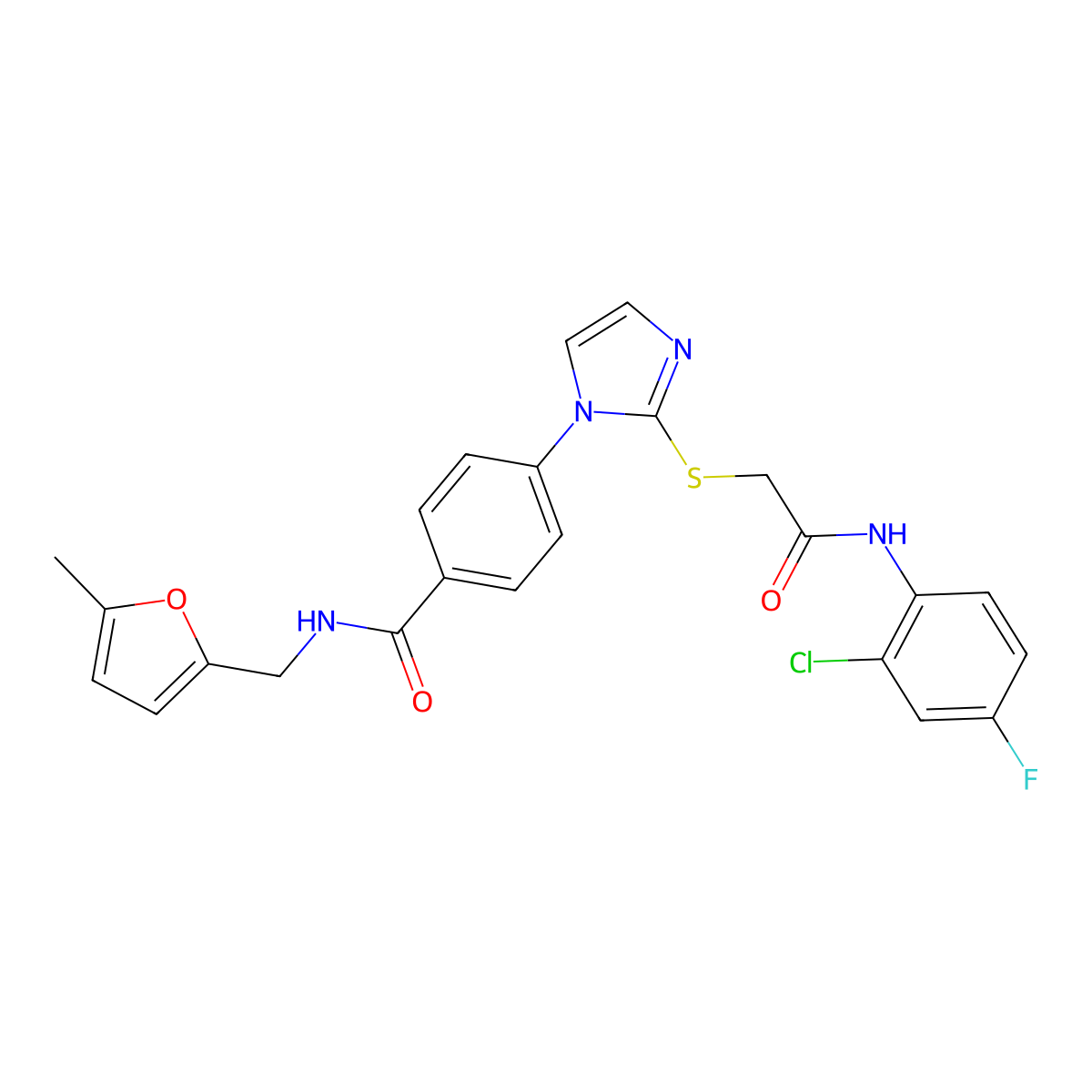 4-(2-((2-((2-chloro-4-fluorophenyl)amino)-2-oxoethyl)thio)-1H-imidazol-1-yl)-N-((5-methylfuran-2-yl)methyl)benzamide molecular structure, CAS 1207025-14-6