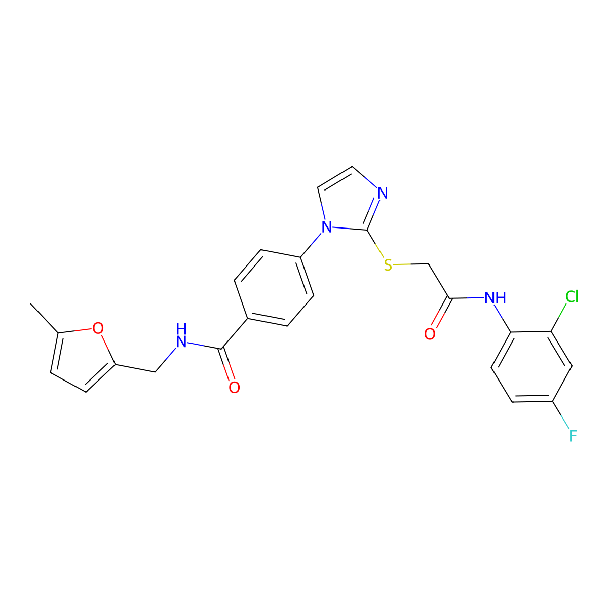 4-(2-((2-((2-chloro-4-fluorophenyl)amino)-2-oxoethyl)thio)-1H-imidazol-1-yl)-N-((5-methylfuran-2-yl)methyl)benzamide molecular structure, CAS 1207025-14-6