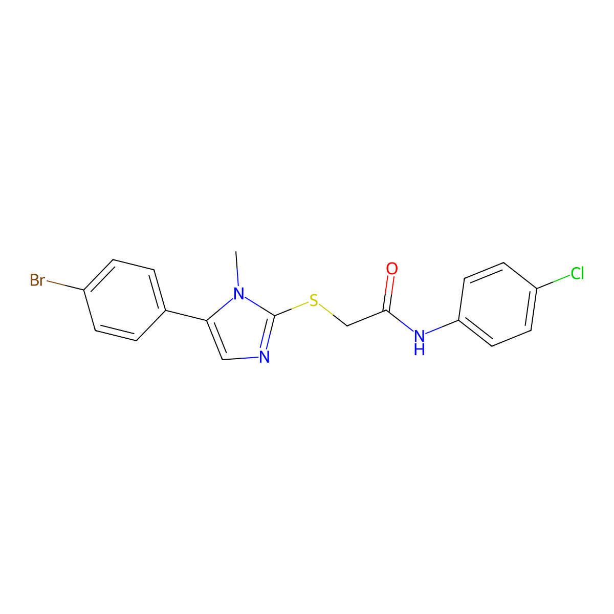 2-((5-(4-bromophenyl)-1-methyl-1H-imidazol-2-yl)thio)-N-(4-chlorophenyl)acetamide molecular structure, CAS 1207025-17-9