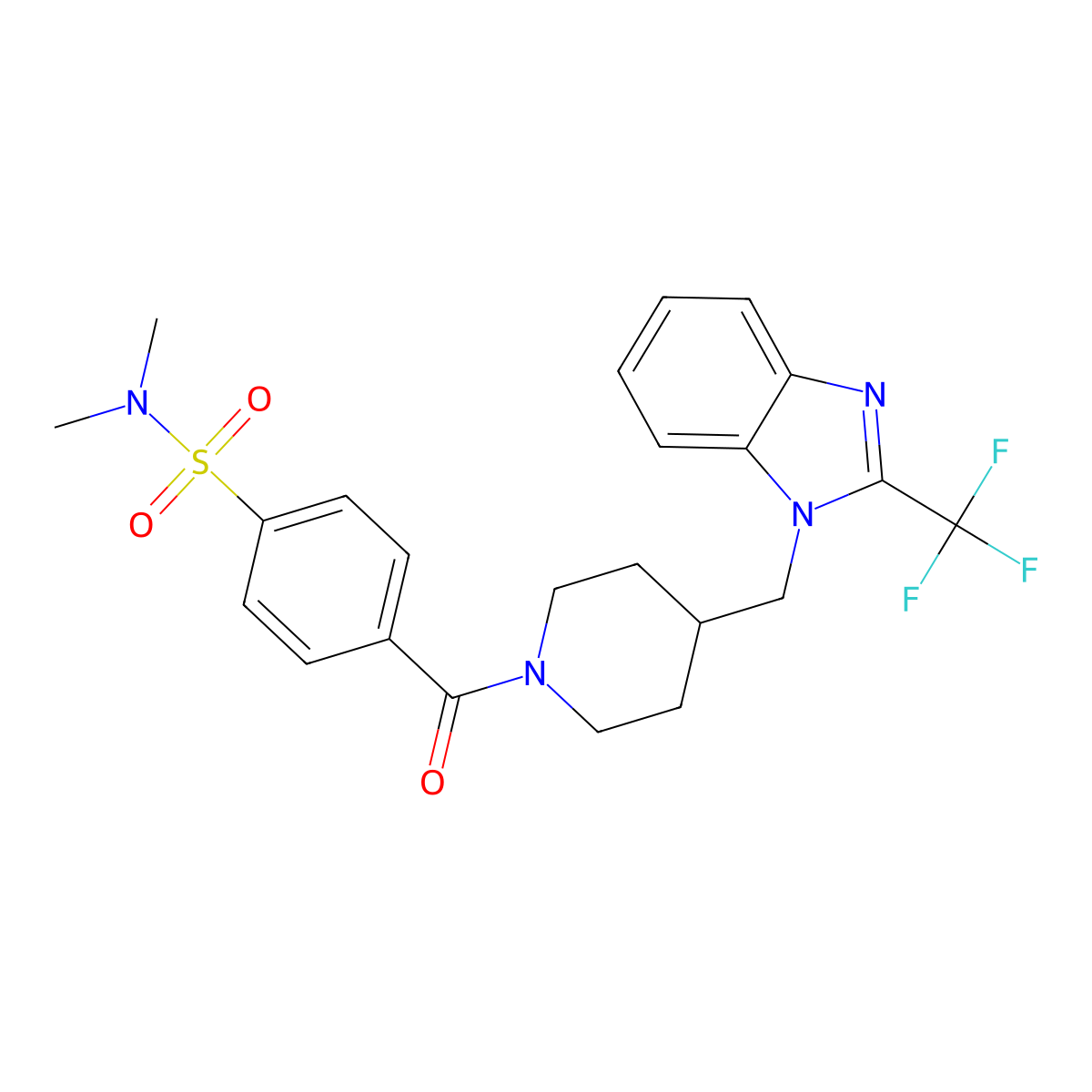 N,N-dimethyl-4-(4-((2-(trifluoromethyl)-1H-benzo[d]imidazol-1-yl)methyl)piperidine-1-carbonyl)benzenesulfonamide molecular structure, CAS 1207025-18-0