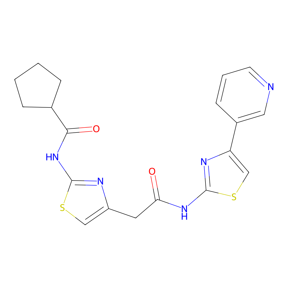 N-(4-(2-oxo-2-((4-(pyridin-3-yl)thiazol-2-yl)amino)ethyl)thiazol-2-yl)cyclopentanecarboxamide molecular structure, CAS 1207025-36-2