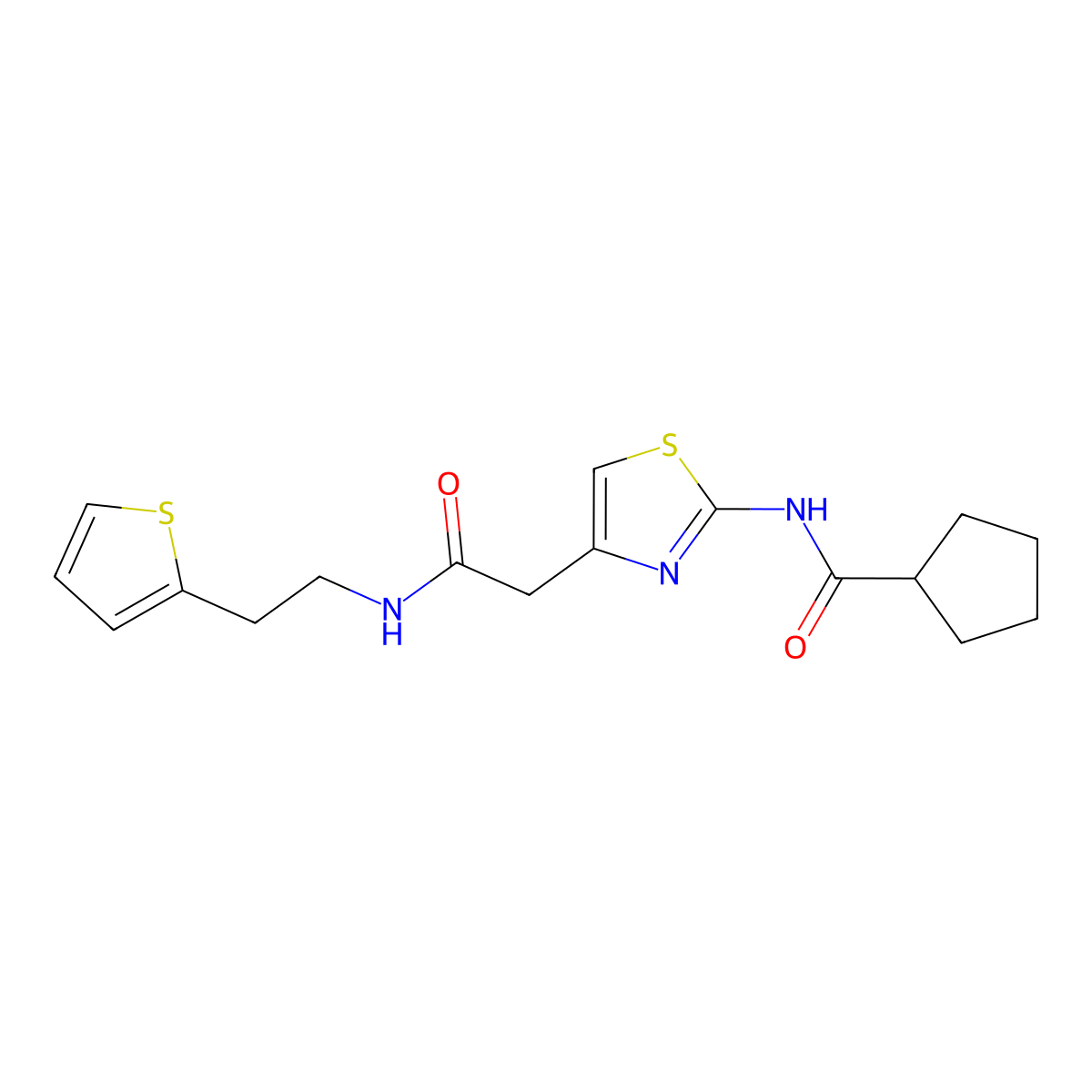 N-(4-(2-oxo-2-((2-(thiophen-2-yl)ethyl)amino)ethyl)thiazol-2-yl)cyclopentanecarboxamide molecular structure, CAS 1207025-53-3