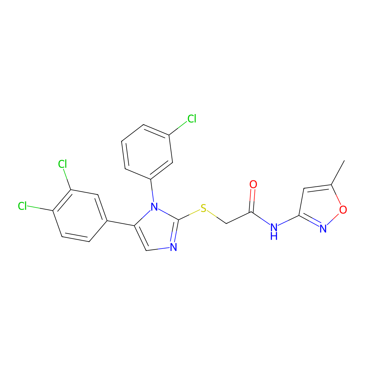 2-((1-(3-chlorophenyl)-5-(3,4-dichlorophenyl)-1H-imidazol-2-yl)thio)-N-(5-methylisoxazol-3-yl)acetamide molecular structure, CAS 1207025-55-5