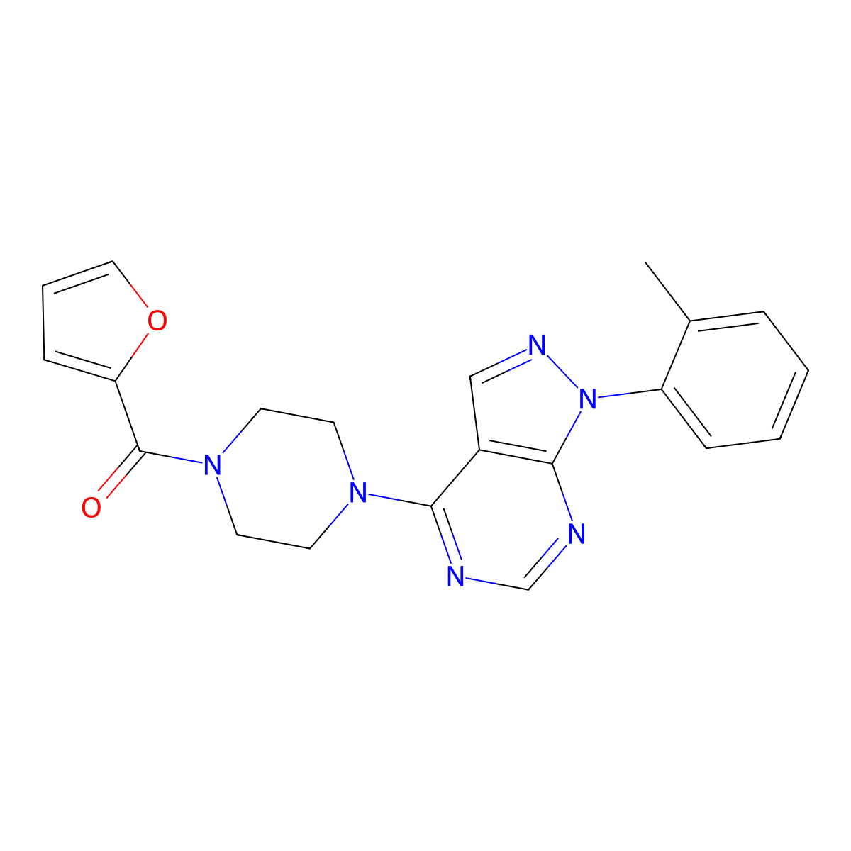 2-Furyl 4-[1-(2-methylphenyl)pyrazolo[4,5-e]pyrimidin-4-yl]piperazinyl ketone molecular structure, CAS 1207025-60-2