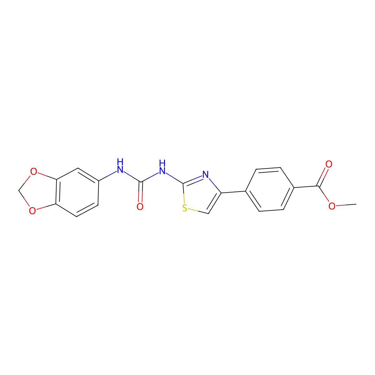 Methyl 4-(2-(3-(benzo[d][1,3]dioxol-5-yl)ureido)thiazol-4-yl)benzoate molecular structure, CAS 1207025-64-6