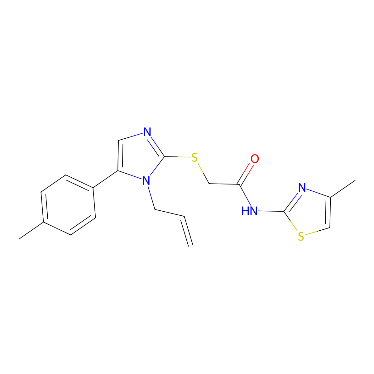 2-((1-allyl-5-(p-tolyl)-1H-imidazol-2-yl)thio)-N-(4-methylthiazol-2-yl)acetamide molecular structure, CAS 1207025-65-7