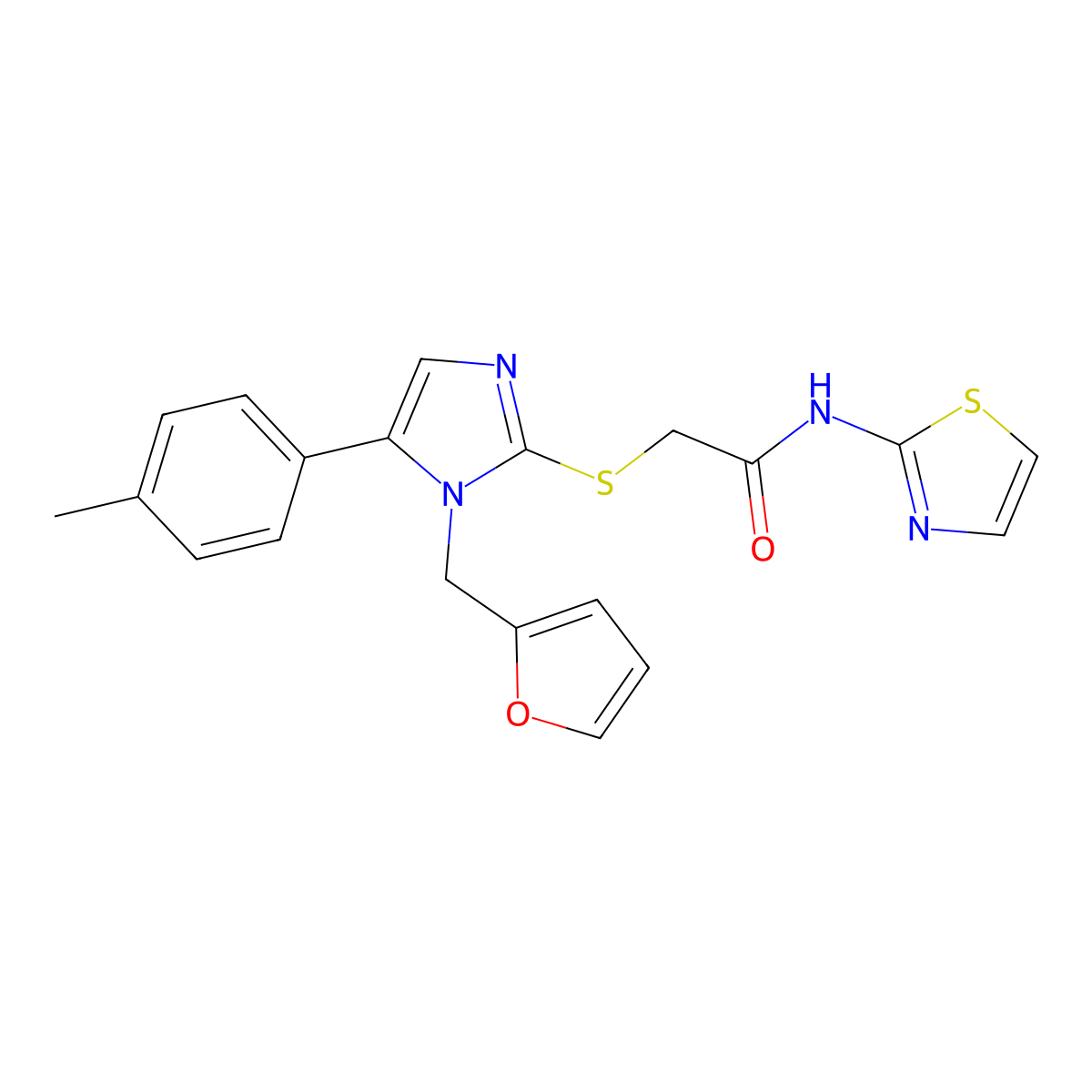 2-((1-(furan-2-ylmethyl)-5-(p-tolyl)-1H-imidazol-2-yl)thio)-N-(thiazol-2-yl)acetamide molecular structure, CAS 1207025-92-0