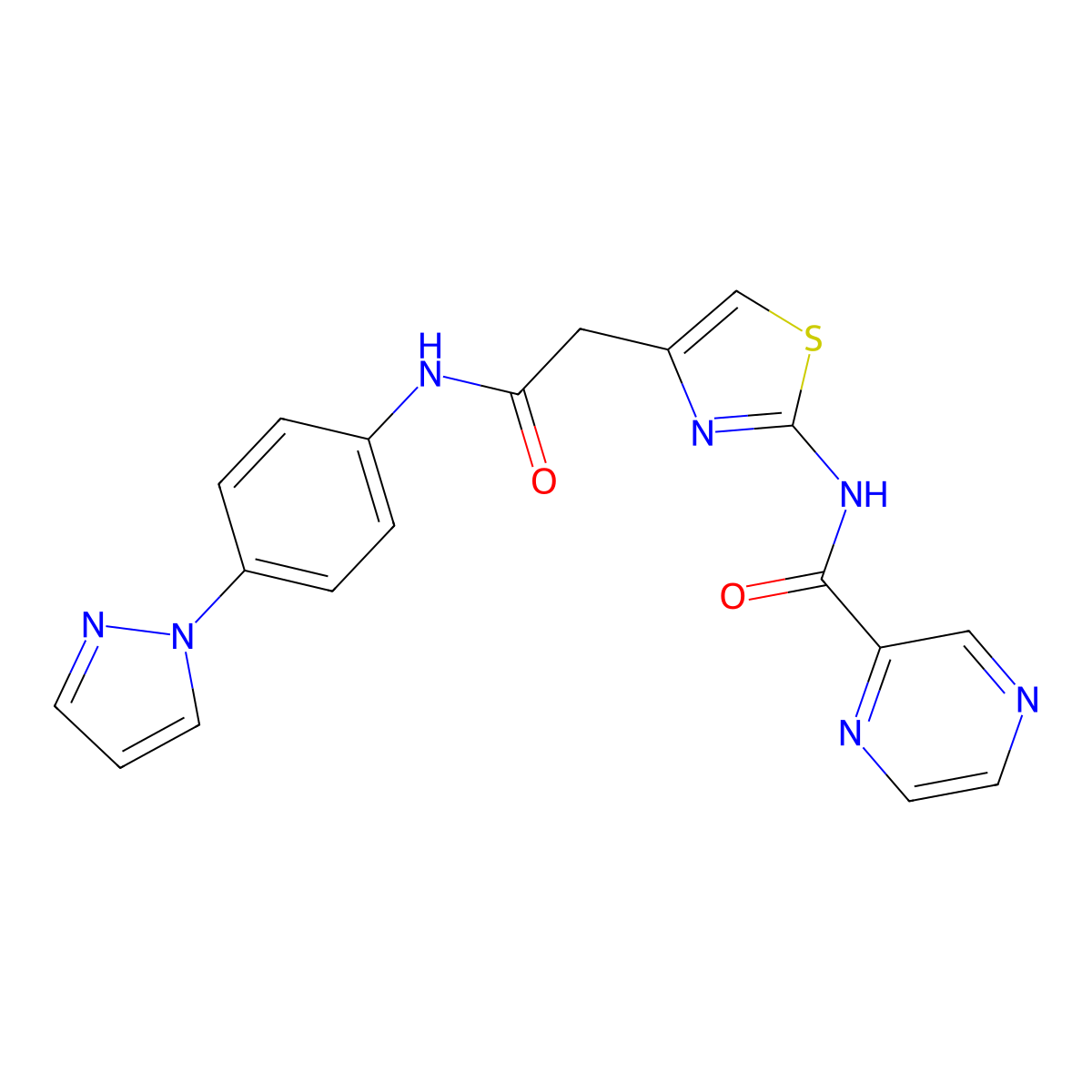 N-(4-(2-((4-(1H-pyrazol-1-yl)phenyl)amino)-2-oxoethyl)thiazol-2-yl)pyrazine-2-carboxamide molecular structure, CAS 1207026-08-1