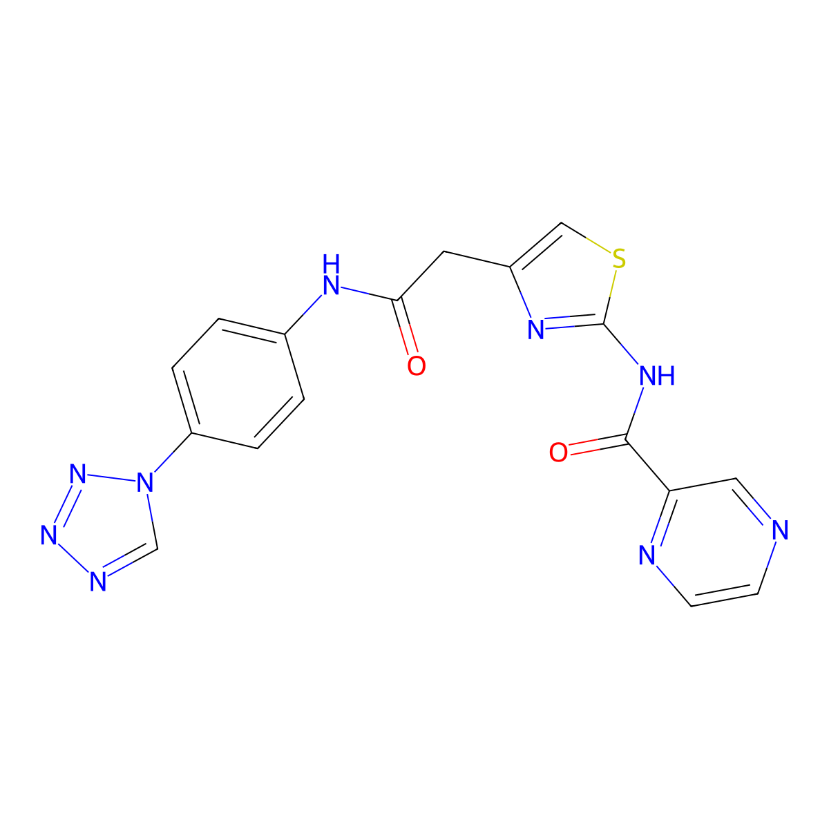 N-(4-(2-((4-(1H-tetrazol-1-yl)phenyl)amino)-2-oxoethyl)thiazol-2-yl)pyrazine-2-carboxamide molecular structure, CAS 1207026-13-8