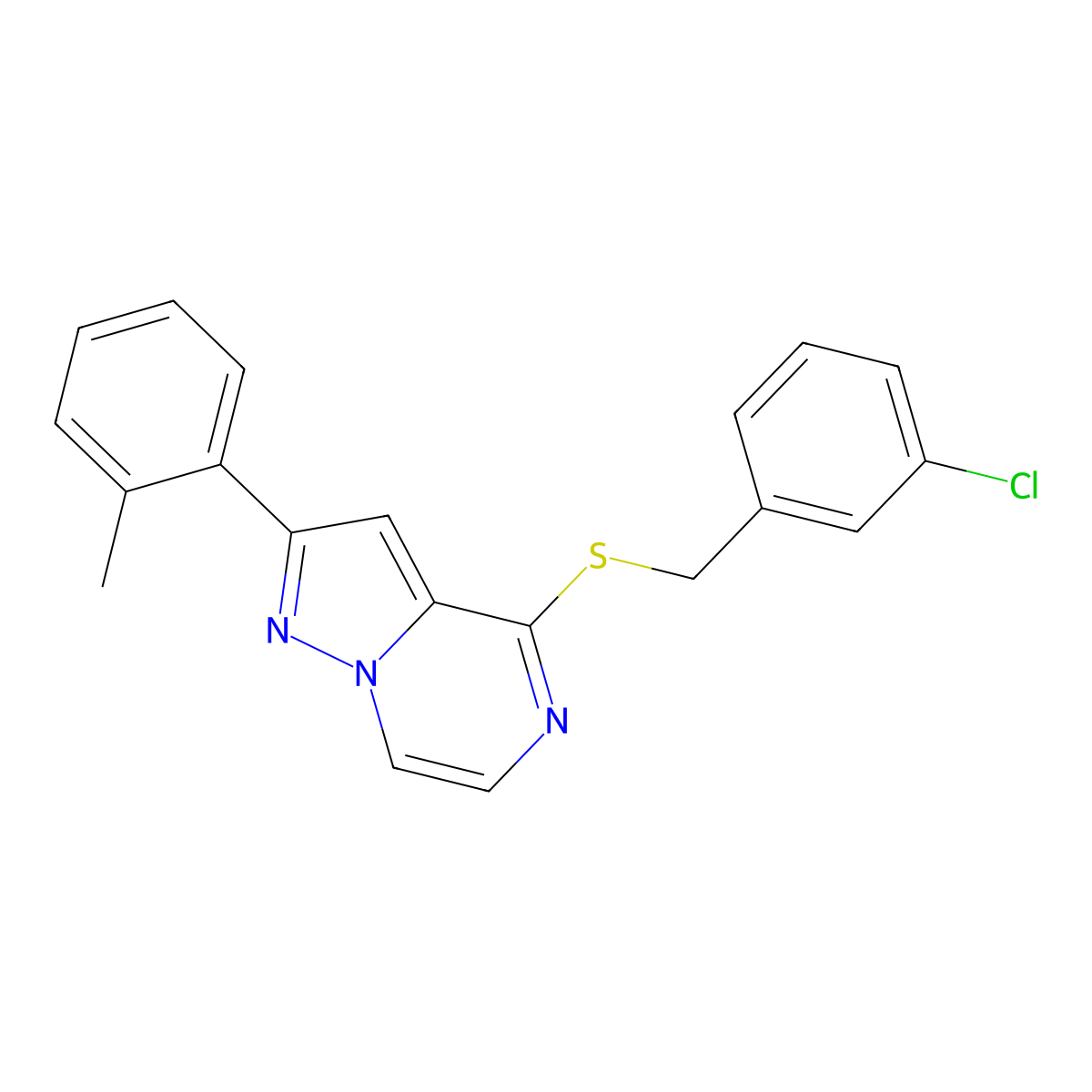 4-[(3-Chlorobenzyl)thio]-2-(2-methylphenyl)pyrazolo[1,5-a]pyrazine molecular structure, CAS 1207026-18-3
