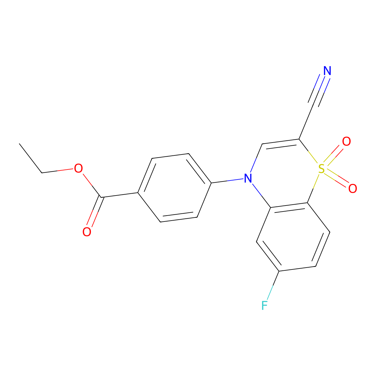 ethyl 4-(2-cyano-6-fluoro-1,1-dioxido-4H-1,4-benzothiazin-4-yl)benzoate molecular structure, CAS 1207026-24-1