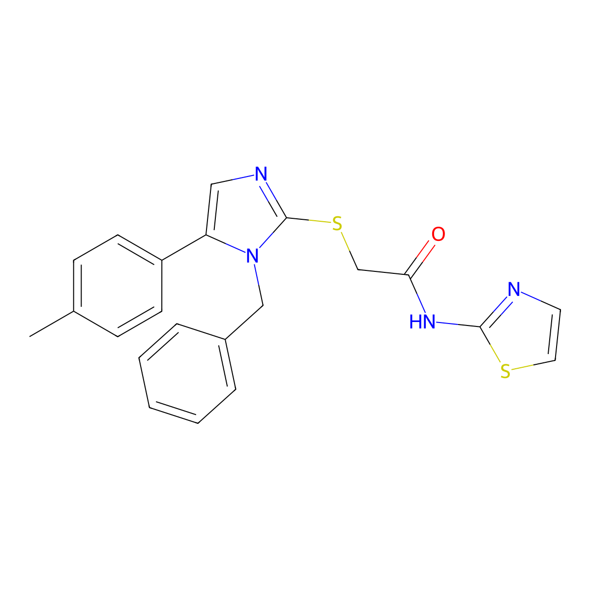 2-((1-benzyl-5-(p-tolyl)-1H-imidazol-2-yl)thio)-N-(thiazol-2-yl)acetamide molecular structure, CAS 1207026-29-6