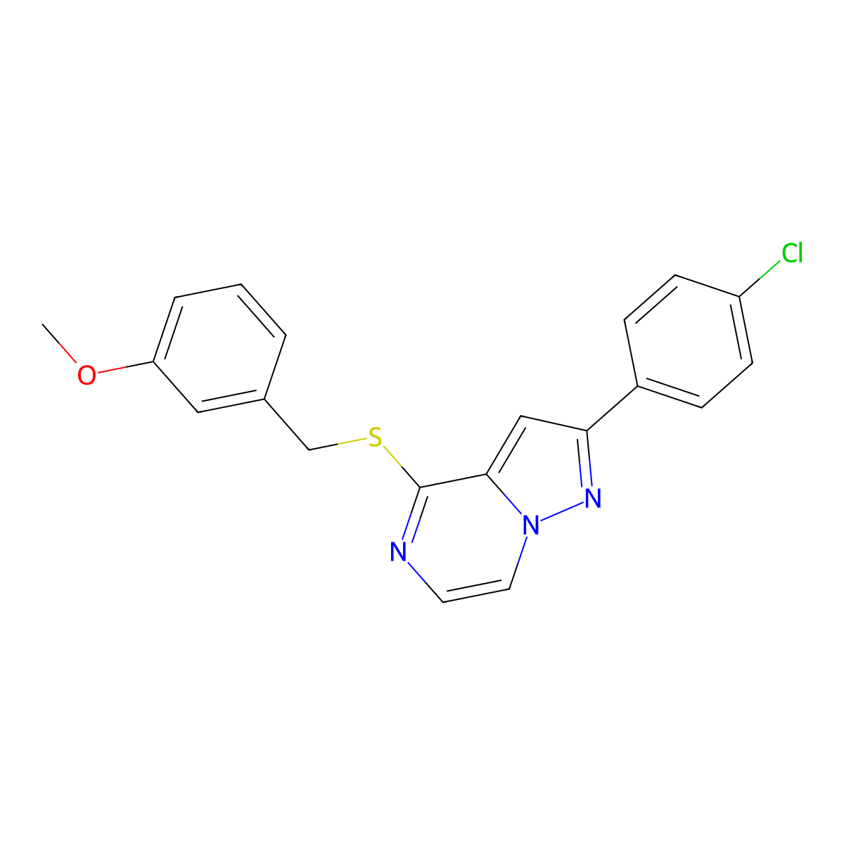 2-(4-Chlorophenyl)-4-[(3-methoxybenzyl)thio]pyrazolo[1,5-a]pyrazine molecular structure, CAS 1207026-30-9