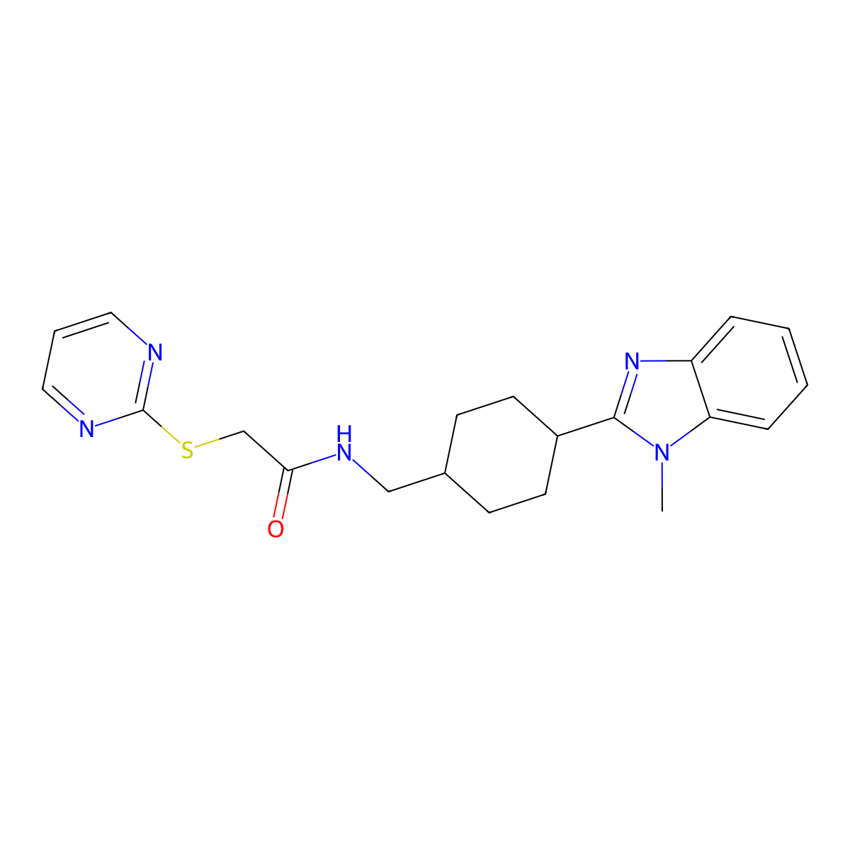 N-((4-(1-methyl-1H-benzo[d]imidazol-2-yl)cyclohexyl)methyl)-2-(pyrimidin-2-ylthio)acetamide molecular structure, CAS 1207026-40-1