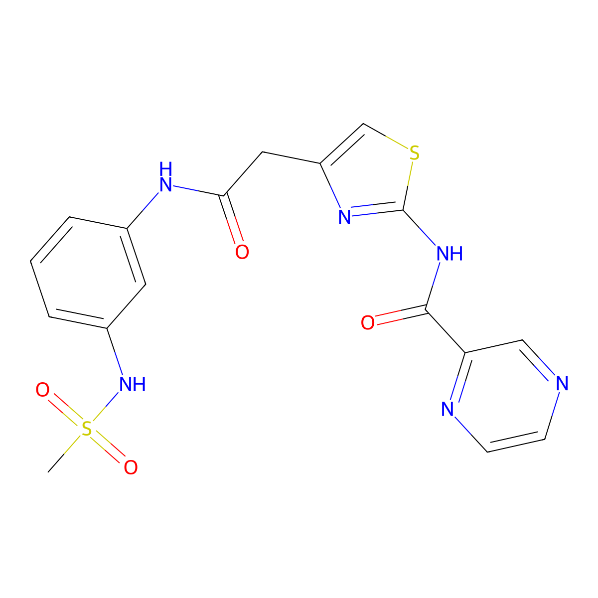N-(4-{[(3-methanesulfonamidophenyl)carbamoyl]methyl}-1,3-thiazol-2-yl)pyrazine-2-carboxamide molecular structure, CAS 1207026-41-2