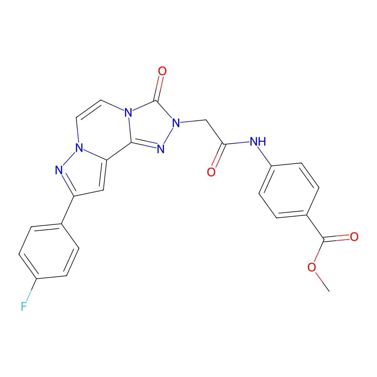 Methyl 4-{2-[11-(4-fluorophenyl)-5-oxo-3,4,6,9,10-pentaazatricyclo[7.3.0.0^{2,6}]dodeca-1(12),2,7,10-tetraen-4-yl]acetamido}benzoate molecular structure, CAS 1207026-42-3