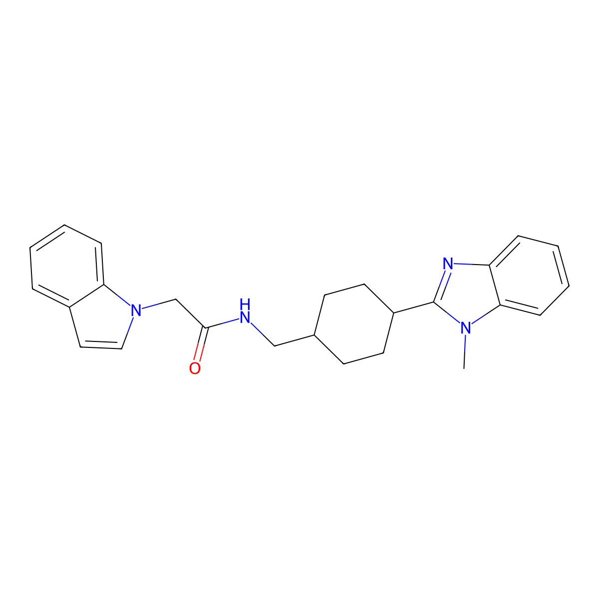 2-(1H-indol-1-yl)-N-((4-(1-methyl-1H-benzo[d]imidazol-2-yl)cyclohexyl)methyl)acetamide molecular structure, CAS 1207026-44-5