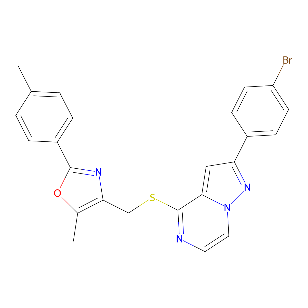 4-(((2-(4-Bromophenyl)pyrazolo[1,5-a]pyrazin-4-yl)thio)methyl)-5-methyl-2-(p-tolyl)oxazole molecular structure, CAS 1207026-47-8