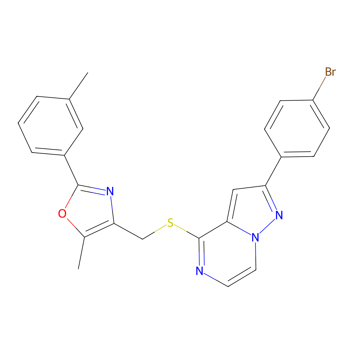 4-(((2-(4-Bromophenyl)pyrazolo[1,5-a]pyrazin-4-yl)thio)methyl)-5-methyl-2-(m-tolyl)oxazole molecular structure, CAS 1207026-49-0