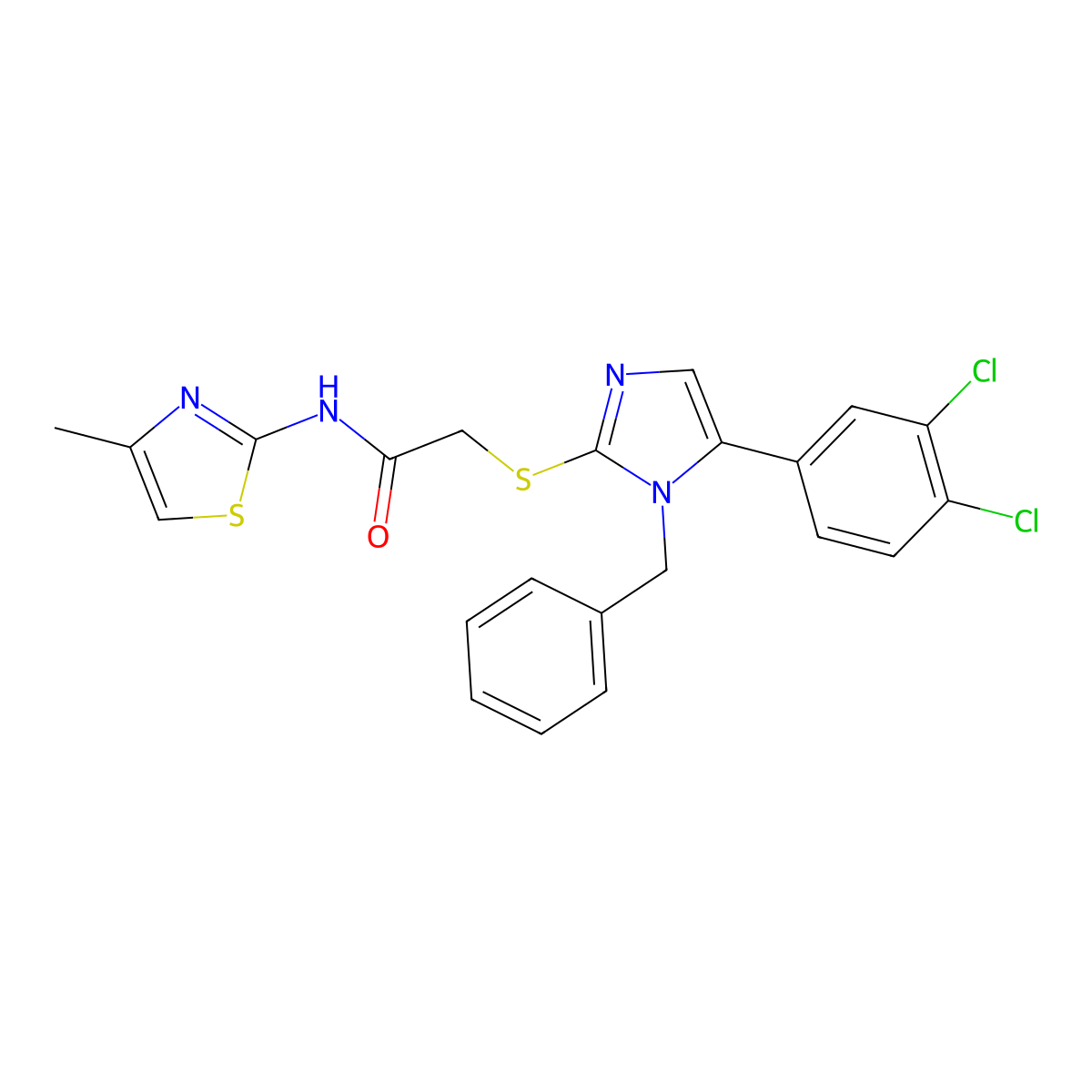 2-((1-benzyl-5-(3,4-dichlorophenyl)-1H-imidazol-2-yl)thio)-N-(4-methylthiazol-2-yl)acetamide molecular structure, CAS 1207026-50-3