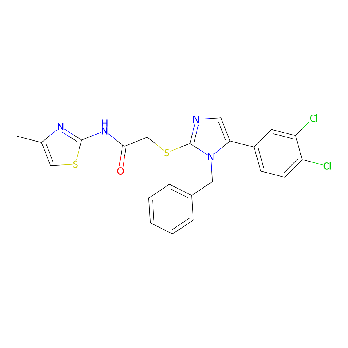 2-((1-benzyl-5-(3,4-dichlorophenyl)-1H-imidazol-2-yl)thio)-N-(4-methylthiazol-2-yl)acetamide molecular structure, CAS 1207026-50-3