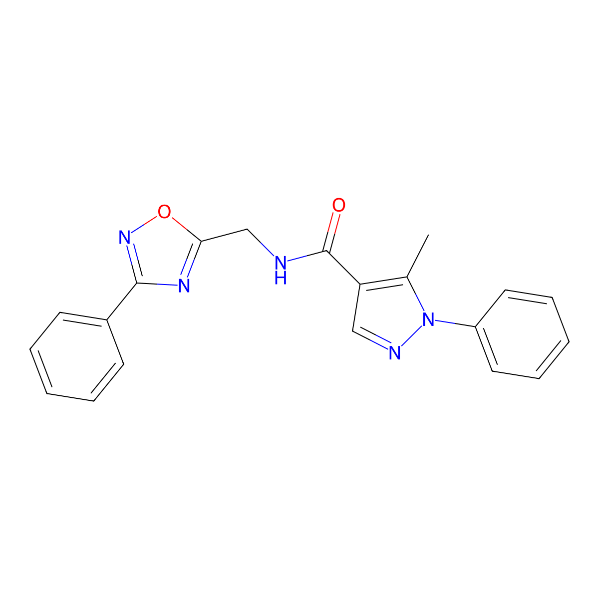 5-methyl-1-phenyl-N-((3-phenyl-1,2,4-oxadiazol-5-yl)methyl)-1H-pyrazole-4-carboxamide molecular structure, CAS 1207026-92-3