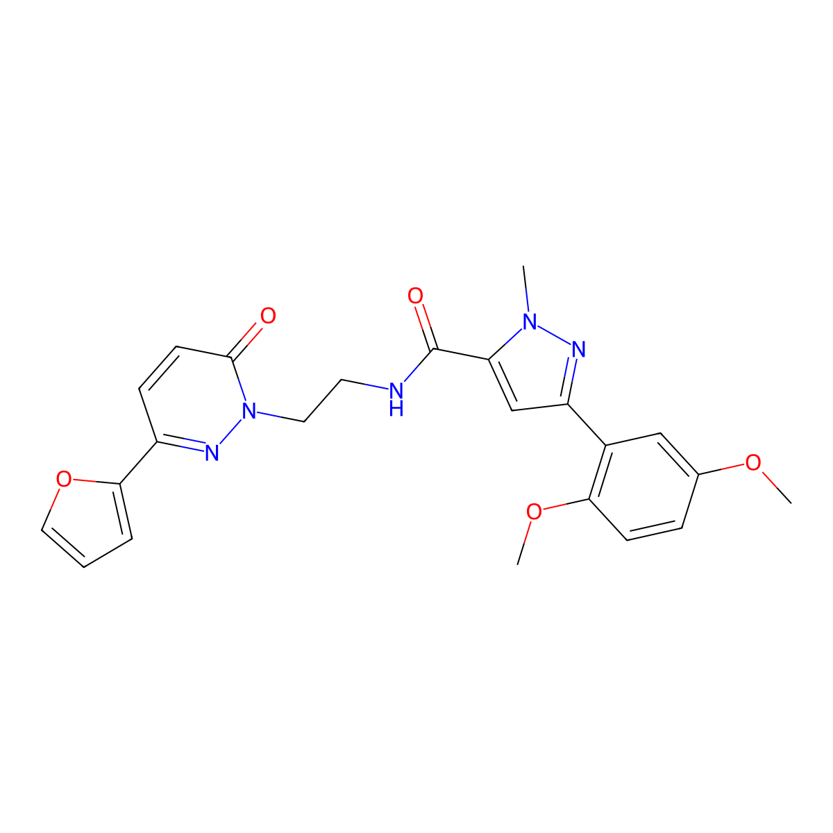 3-(2,5-dimethoxyphenyl)-N-(2-(3-(furan-2-yl)-6-oxopyridazin-1(6H)-yl)ethyl)-1-methyl-1H-pyrazole-5-carboxamide molecular structure, CAS 1207026-95-6