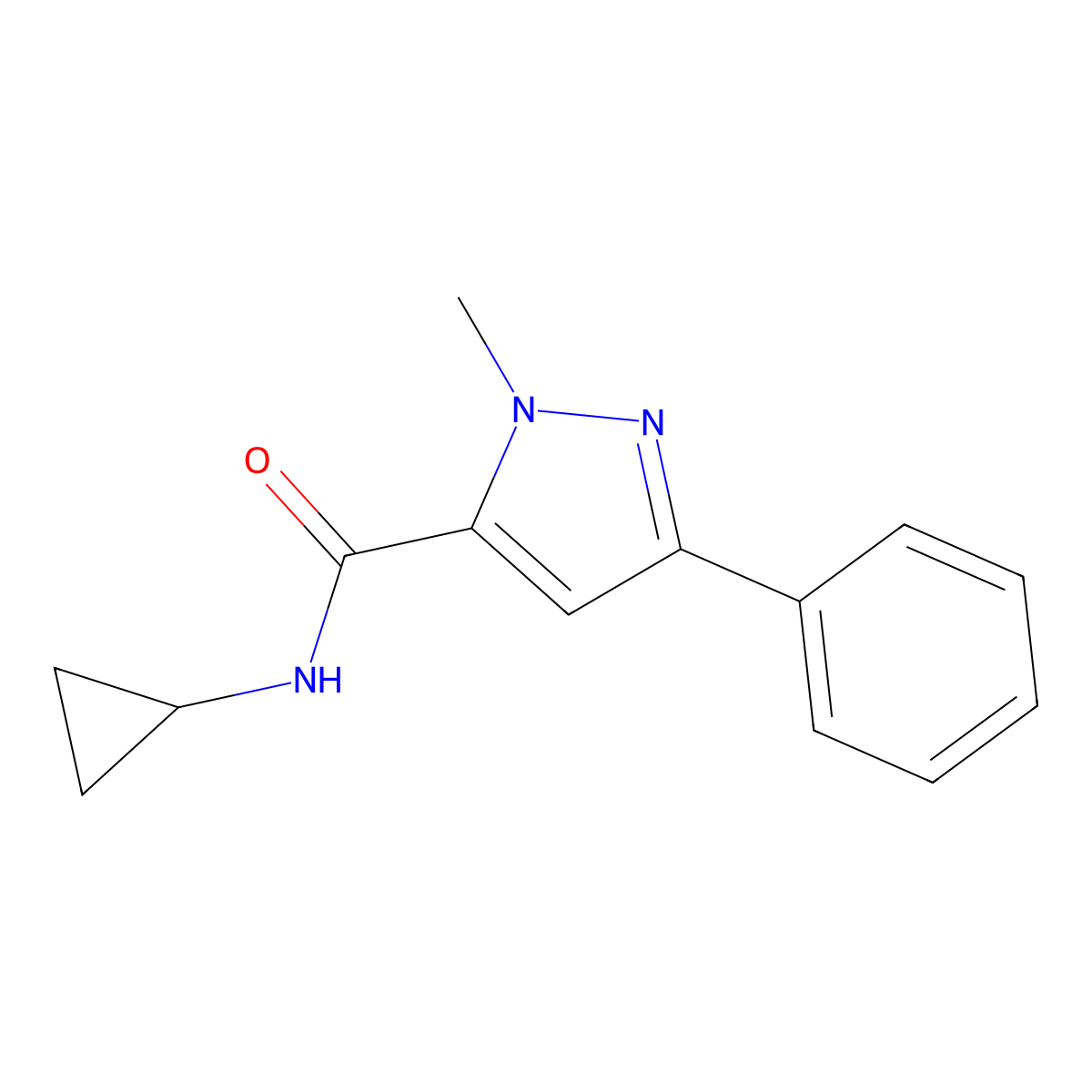 N-cyclopropyl-1-methyl-3-phenyl-1H-pyrazole-5-carboxamide molecular structure, CAS 1207026-98-9