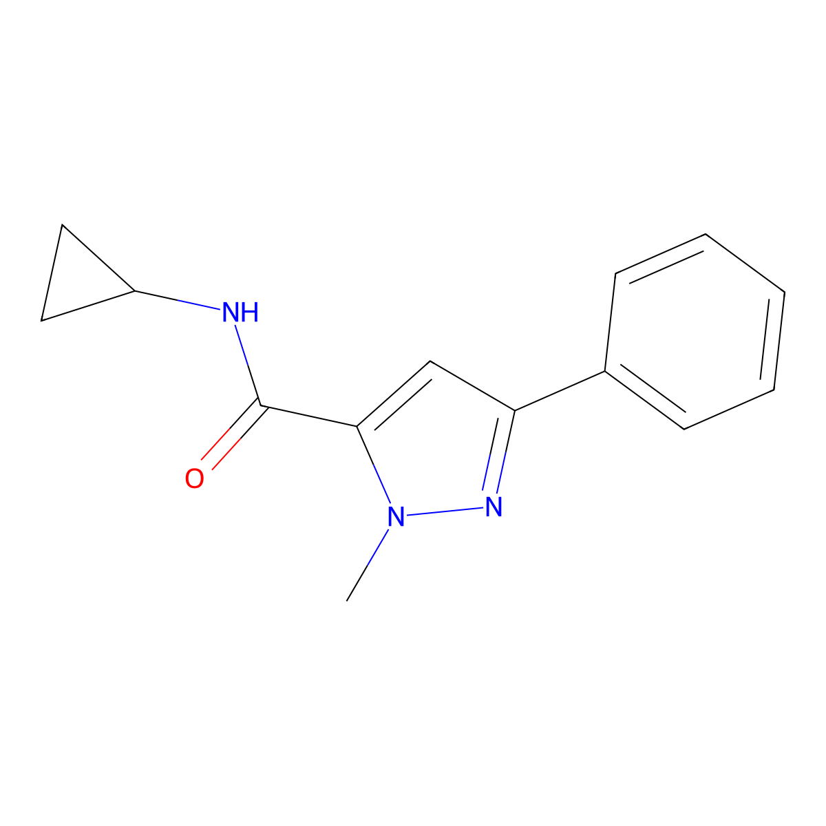 N-cyclopropyl-1-methyl-3-phenyl-1H-pyrazole-5-carboxamide molecular structure, CAS 1207026-98-9